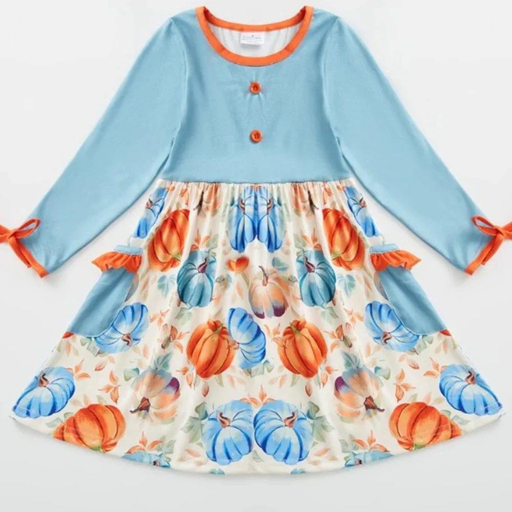 Boutique Pumpkin Girls Long Sleeve Blue Dress